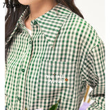 Women Shirts 2022 Autumn Long Sleeve Polo Neck Loose Blouse Green Plaid Letter Embroidery Elegant Vintage