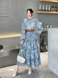 Collar Mesh Long-Sleeved Lotus Leaf-Side Print Waist-Ponded Tidal Dress Women's Spring And Autumn Lantern Cuff Cake