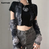 Fairy Grunge Crop Top Women Short Sleeve Patchwork Tshirt And Arm Gloves Female Streetwear Y2k Tie Dye Tee Goth