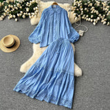 Suit Female Senior Sleeve Lace Splicing Lantern Long-Sleeved Shirt + High Waist Slim Swing
