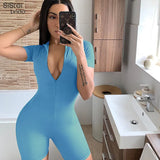 Sisterlinda Fitness Workout Active Wear Rompers Women Zipper Short Sleeve Casual Playsuit Fashion Solid Sporty Skinny