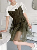 TWOTWINSTYLE Casual Patchwork Fake Two Piece Dress For Women Round Neck Short Sleeve High Waist Summer Dresses Female