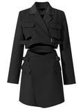 Women Blue Cross Buckle Hollow Out Blazer Dress New Lapel Long Sleeve Loose Fit Fashion Tide Spring Autumn 2023