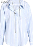 Fashion Women's Shirt Loose Drill Chain Halter Single Breasted Full Sleeve Stripe Blouse Female Summer 2023 New
