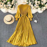 Vintage Women Pleated Long Dress Female Elegant Lantern Long Sleeve High Waist Red/Purple Draped Maxi Vestidos Spring Autumn