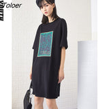 Women Dress Summer Mural Rubbing Print Black White Vintage Casual T-shirt