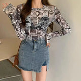Vintage Comic Movie Print T Shirt Long Sleeve Mesh Tops Women Y2k Streetwear Sexy See Through Thin Soft Tee