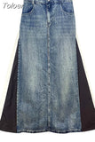 Fashion Women's Denim Skirt Spliced Design High Waist Button Side Split Contrast Color Skirts Spring 2023 Trend New