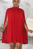Fashion Solid Women Pleated Chiffon Dress Sexy Mock Necked Cloak Sleeve Robe Femme Classic Loose Party Clubwear