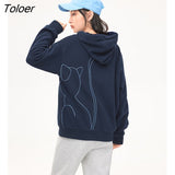 Women Fleece Hooded Sweatshirt 2022 Winter Long Sleeve Loose Hoodie Cat Embroidery Warm Casual Streetwear