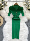 Button Knitted Dress Women Solid V Neck Summer 2022 Elegant Fashion Short Sleeves Ladies A Line Midi