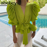 Lace Up Bowknot Shirt For Women V Neck Puff Sleeve High Waist White Blouse Female 2022 Fashion New