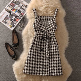 Houndstooth Sleeveless Vest Dress Women 2 Piece Set Elegant Belted Double Breasted Tank Dress Black Sweater Female