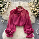 Shirt Female Design Sense Small Three-Dimensional Flower Bubble Sleeves To Reduce The Age Of Pure Color Chiffon Shirt Women's Long-Sleeved