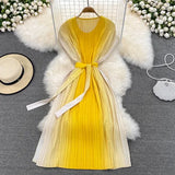 Spring Autumn Women Gradient Red/Green/Purple Pleated Midi Dress Female Vintage O-Neck High Waist Draped Loose Vestidos New