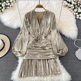 Women Sexy Draped Mini Dress Green/Red/Yellow Metal Color V-Neck Puff Long Sleeve High Waist Ruffle Hem Vestidos New