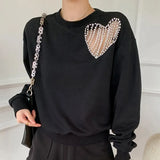 Hollow Out Plain Sweatshirt For Women Round Neck Loose Long Sleeve Patchwork Chain Heart Pullovers Female 2021