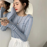 Skintight Sexy Women Blouse Korea Shirt Bottoming Tops Soft Knitted Female Shirts Blue Rose Spring Blouses Blusa