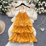 Dress Women 2025 Summer French Atmosphere With A Sense Of Hanging Neck Sling Lotus Side Splicing Cake Holiday