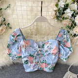 Short Blouses Women Fashion Sexy Bandage Crop Top Summer Vintage Gothic Shirt Ladies Flower Print Top