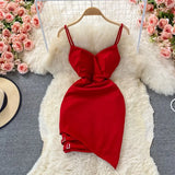 Women Summer Dress Solid Irregular Hip Wrap Red Dress Backless V-neck 2022 New High Waist Slim Sleeveless Party Dress