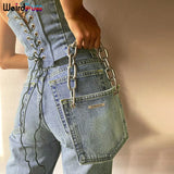 Puss Women Drawstring Lace Up Strappy Denim Tube Top Corset + Bag Matching Strapless Slim Clubwear Fashion Slim