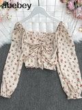 New Spring Fashion All-match square collar puff sleeve Shirt drawstring ruched Long Sleeve Shirt