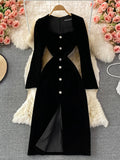 Autumn Vintage Black Velvet Party Dress Women Elegant Square Collar Long Sleeve Single Breasted Split Vestidos Female Robe