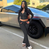 Toloer Style New Zip Long Sleeve Hooded Top High Waist Horn Trousers Fashion Two-Piece Suit Girl-Outfit