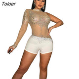 Diamonds Rompers And Jumpsuits Summer Sexy Short Jumpsuits For Women Casual Mesh See Through Long Sleeve Romper