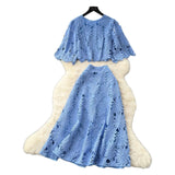 High-End Squeal Hook Lace Set Women's Summer Fashion Short Horn Sleeve Shirt High Waist