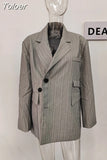 Fashion Women's Notched Collar Spliced Diagonal Buckle Striped Blazer Loose High Waist Grey Skirt Spring 2023 New