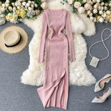 Women Sexy Split Knitting Dress Autumn Winter O Neck Long Sleeve Dress Korean Elasticity Warm Sheath Sweater