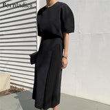 Skirt Suits Women Summer Two Piece Set Short Sleeve O-neck T Shirt + High Waist Long Pleated Skirt 2 Piece