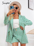 Party Green houndstooth shoulder pads women blazer suit Office lady button pocket short set autumn Long sleeve plaid suit