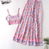 Boho Vintage Pattern Print Women 2 Piece Set Spring 2023 Midriff Baring Wide Leg Pant Retro Chic Beach Vacation Women