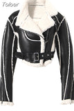 2023 New Autumn And Winter Turn-down Collar Full Sleeves PU Leather Flocking Waist Jacket Female Coat Tide Warm