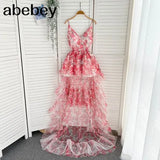 Elegant Sleeveless Sling Party Dress Sexy Deep V Backless Lady Maxi Dresses Casual Tie-Dye Print Women Beach Long