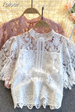 Korean Woman Clothes Blusas Mujer De Moda Fashion Shirts 2023 Hollow Out Floral Blouses Women Lace Laides Cropped