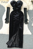 Sexy Black Strapless Velvet Dress Women Retro Style Sleeveless Backless Slim High Split Evening Party Dress with