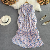 Spring Autumn Bohemian Women Tie Dye Printed Pleated Long Dress Boho Stand Collar Puff Sleeve High Waist Draped Maxi Vestido