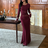 2025 New Solid Color High-Neck Long Sleeve Tops To Repair Hollow Micro-Tlammous Trousers Set