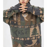 QWEEK Harajuku Women Winter Sweater Animal Print Long Sleeve Jumpers Vintage Knitted Pullover Korean 2021 Cute Couple
