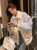 2022 Winter Warm Parka Patchwork Jacket Female Loose Lambswool Coat Women Motorcycle Jacket Cotton Padded Female