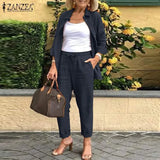 2022 ZANZEA Autumn Women 2PCS Suit Full Sleeve Turn-Down-Collar Solid Button Blouse Female Bohemian Holiday Loose Pockets
