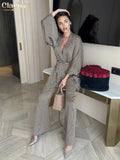 Fashion Print Home Suits Female Elegant Loose Wide Pants Set Casual Long Sleeve Lace-Up Robes 2 Piece Set Women
