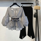 2022 Spring 2 Pcs Suits Women's Striped Bow Lantern Sleeve Blouse Black Split Flare Sleeve two piece set top and