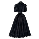 Lady Dress 2025 Summer Waists Slim Collar Short-Sleeved Hollow Hook Embroidery Single Row Buckle