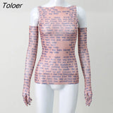 Mesh Letter Printted T-shirt Women O-Neck See Through Sexy Tank Tops With Golve High Street Basic Slim Y2K Top Tee
