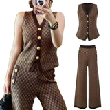 Fragrant Breeze Lady Sleeveless Knitted Shoulder Vest Metal Buckle Broad Leg Trousers Set Famous Retro